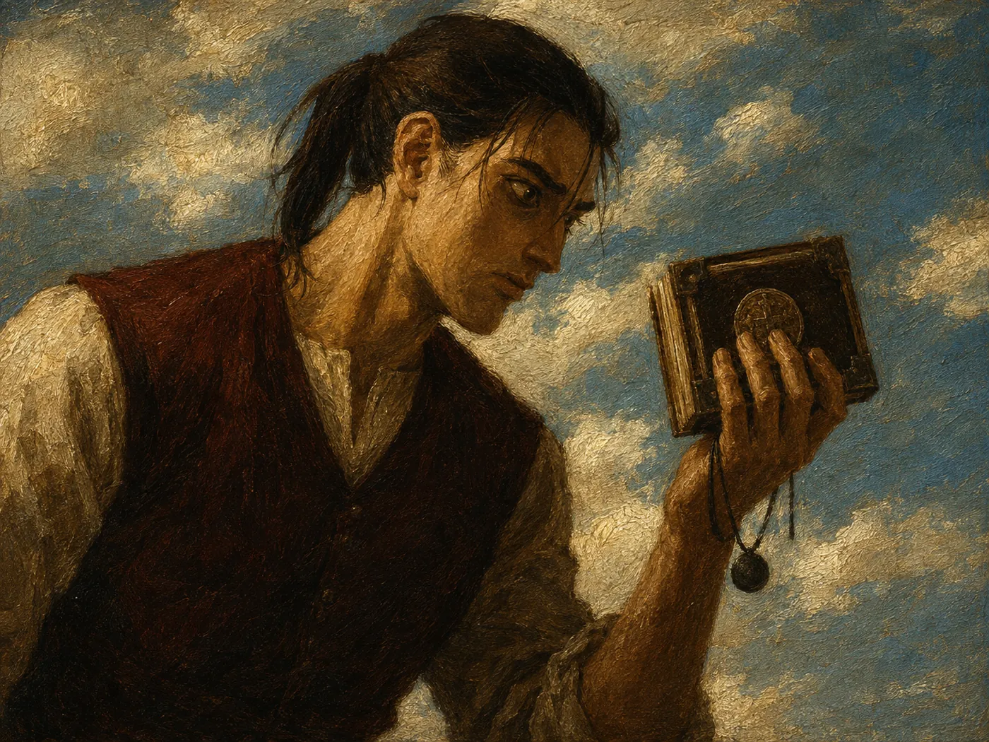 油彩の口絵。雲の流れる空を背に、髪を束ねた若者が小ぶりの書物を掲げ、その手からペンダントの鎖が垂れている。